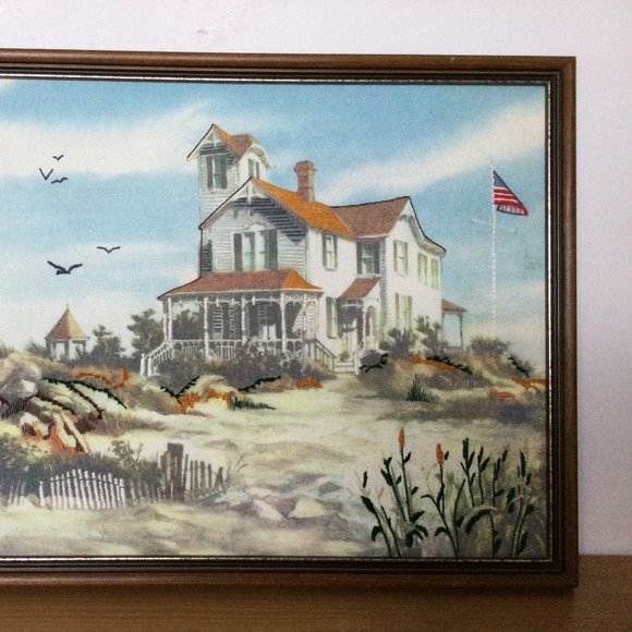 Hand Embroidery fabric needle art victorian-style house framed finished wall dec - Picture 1 of 8